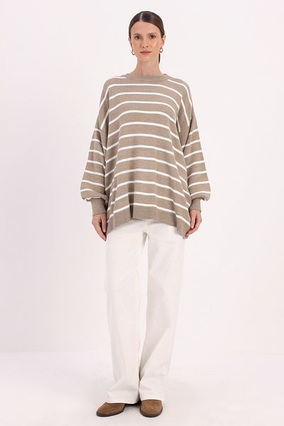 ALLDAY Μπεζ ριγέ μπαλόνι μανίκι Oversize πλεκτό πουλόβερ