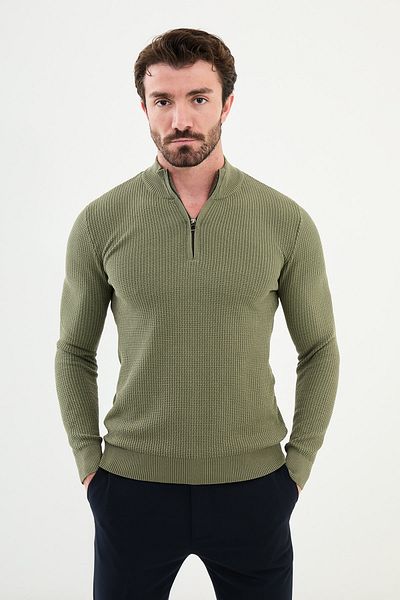 Mcr Textured Slim Fit Zippered Half Turtleneck Men's Knitwear Sweater Khaki - 11509.24K