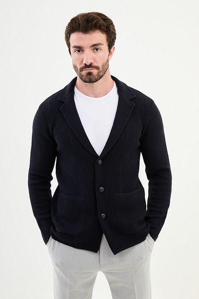 Mcr Patterned Slim Fit Wool Men's Knitwear Jacket Navy Blue - 11238.24K