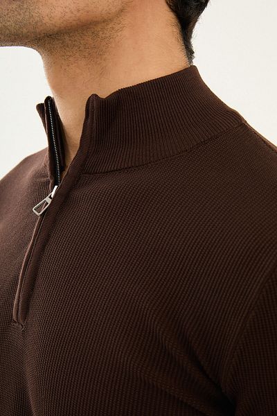 Mcr Textured Slim Fit Zippered Half Turtleneck Men's Knitwear Sweater Brown - 11516.24K