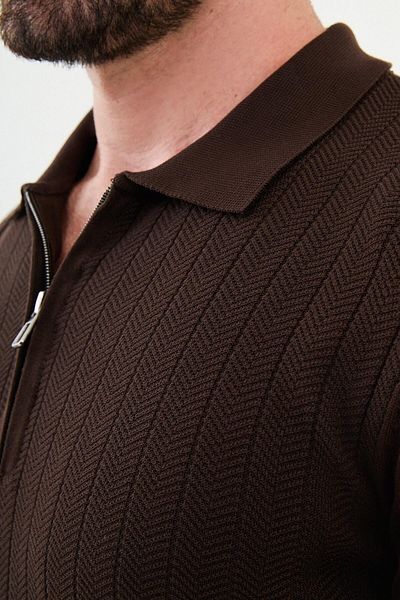 Mcr Patterned Slim Fit Zippered Polo Neck Men's Knitwear Sweater Brown - 11506.24K