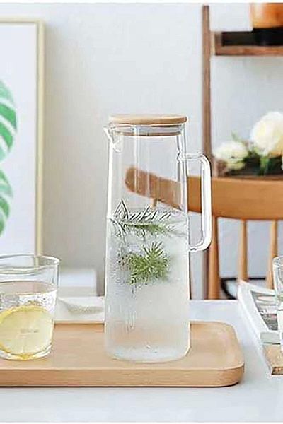 SepetçiBaba Carmen- Vacuum Heat Resistant Borosilicate Glass Jug with Bamboo Lid 1000 ml