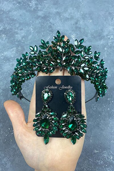 Limelia Set de coroană și cercei de mireasă cu mărgele verde Asleny brodate