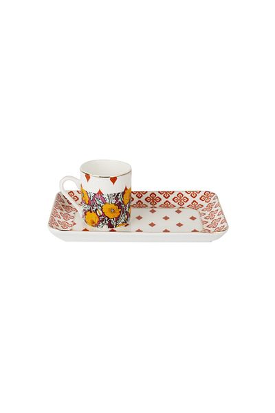 Lucky Art Eliana Bone China Porcelain Mixed Pattern Single Coffee Cup Set with Tray