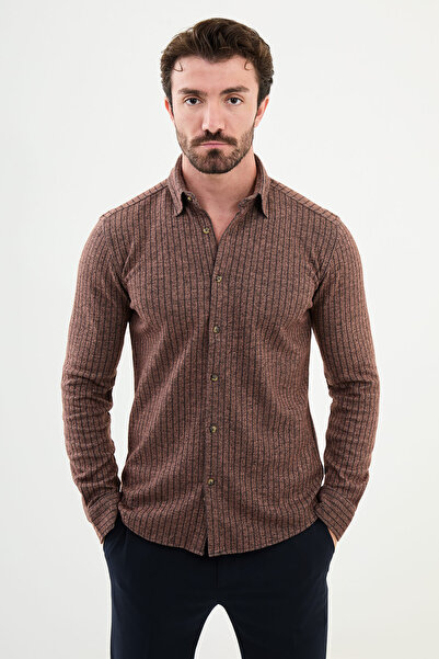 Mcr Смугаста вовняна чоловіча сорочка Slim Fit, колір камель - 27018.24K