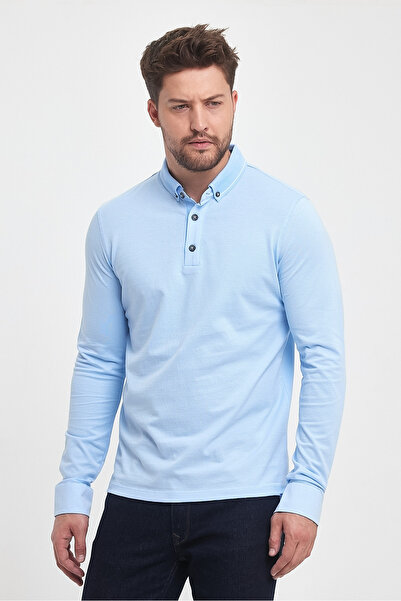 ENQUE Ανδρικό μακρύ γιακά πόλο Winter Basic γαλάζιο φούτερ