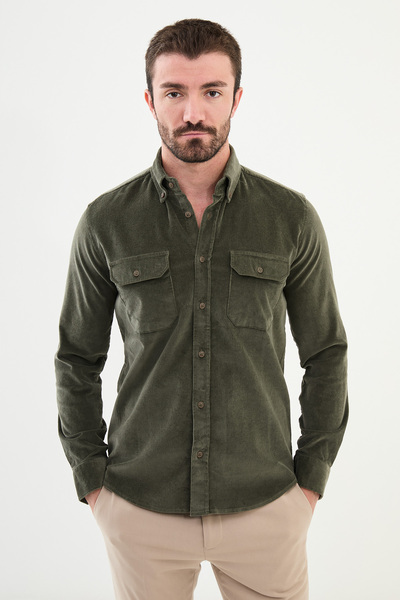 Mcr Прямий Slim Fit оксамитовий чоловічий сорочка хакі - 27005.24K