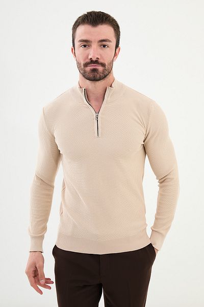 Mcr Textured Slim Fit Zippered Half Turtleneck Men's Knitwear Sweater Beige - 11516.24K