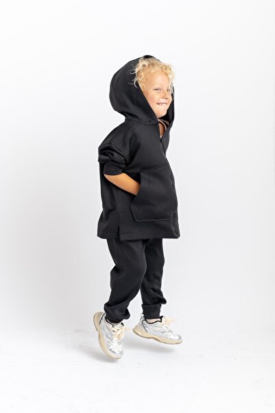 Cigit Zippered Kangaroo Pocket Suit 2-7 Years Black