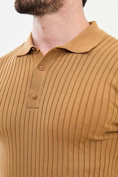 Mcr Striped Slim Fit Polo Neck Men's Knitwear Sweater Camel - 11505.24K