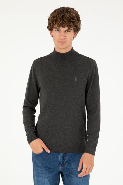 U.S. Polo Assn. Men's Anthracite Melange Slim Fit Half Throat Basic Sweater - 50293499 -Vr081