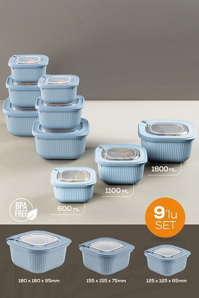 Vienev 9-Piece 3X(600-1100-1800 ml) Special Storage Containers Set with Vip Lid Suitable for Microwave and Freeze Blue