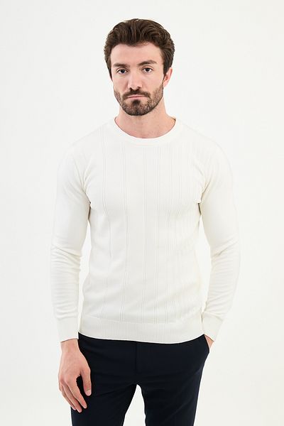 Mcr Striped Ecru Slim Fit Crew Neck Men's Knitwear Sweater