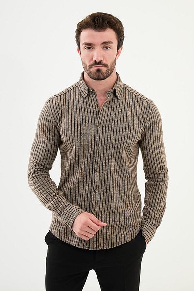 Mcr Striped Slim Fit Wool Men's Shirt Beige - 27018.24K