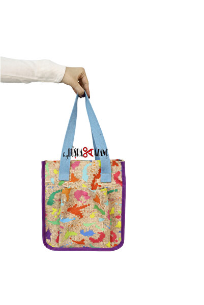 BUSRAKAZANCDESİGN Boya Darbeli Kumaş Cepli Tote Bag El Ve Omuz Çantası