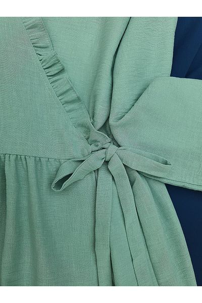 Modamorfo Linen Kimono with Side Double Laces and Ruffled Collar -Mint