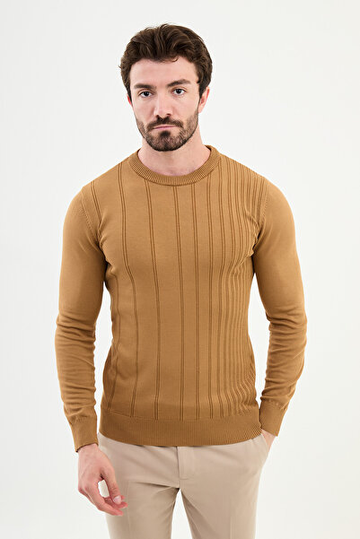 Mcr Смугастий Slim Fit велосипедний комір чоловічий трикотажний светр камел -...