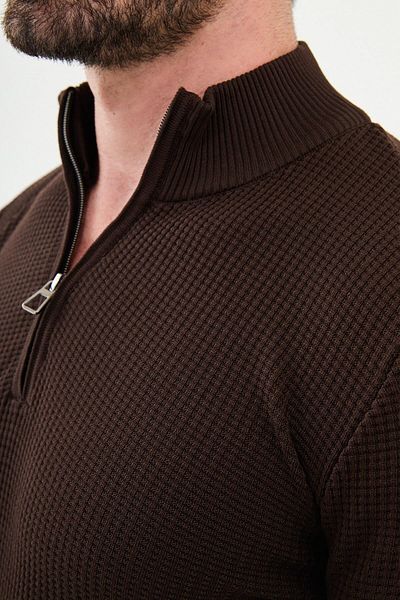 Mcr Textured Slim Fit Zippered Half Turtleneck Men's Knitwear Sweater Brown - 11509.24K