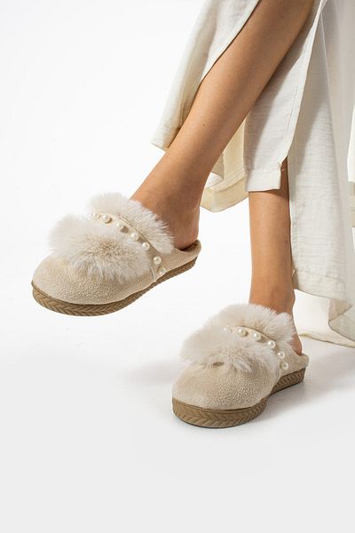 Moda Devrin Beige Furry Pearl Slippers Home and Outdoor Slippers