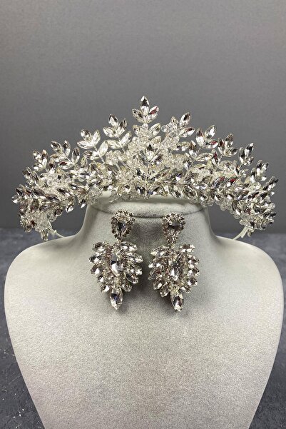 Limelia Set de coroană de mireasă și cercei cu mărgele argintie Asleny