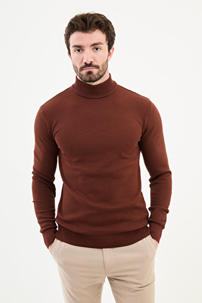 Mcr Dokulu Slim Fit Yarım Balıkçı Yaka Erkek Triko Kazak Kiremit - 11500.24K