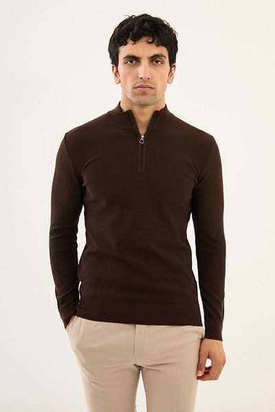 Mcr Textured Slim Fit Zippered Half Turtleneck Men's Knitwear Sweater Brown - 11516.24K
