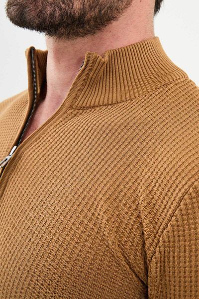 Mcr Textured Slim Fit Zippered Half Turtleneck Men's Knitwear Sweater Camel - 11509.24K