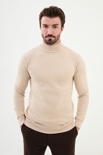 Mcr Textured Slim Fit Half Turtleneck Men's Knitwear Sweater Beige - 11500.24K