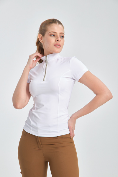 PEUR RIDER SHOP Γυναικείο μπλουζάκι ιππασίας με κοντομάνικο φερμουάρ σε λευκό χρώμα