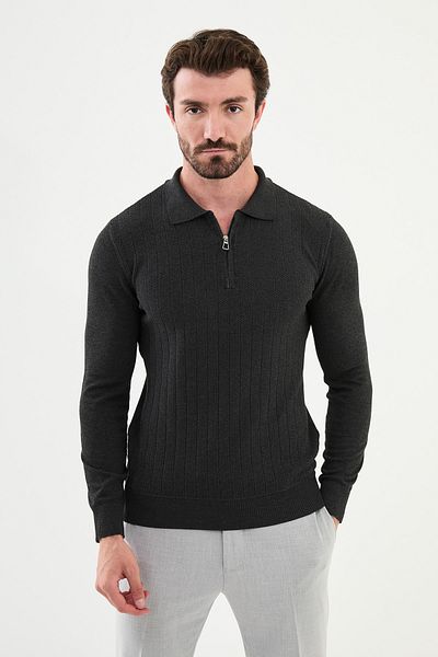 Mcr Patterned Slim Fit Zippered Polo Neck Men's Knitwear Sweater Anthracite - 11506.24K