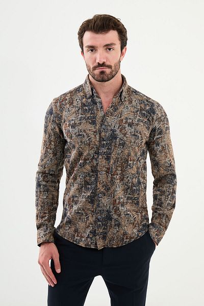 Mcr Patterned Slim Fit Wool Men's Shirt Beige - 27009.24K