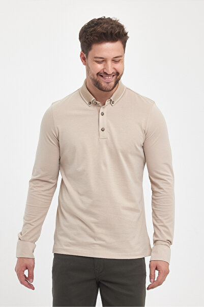 ENQUE Ανδρικό μακρύ μακρύ γιακά πόλο Winter Basic μπεζ φούτερ