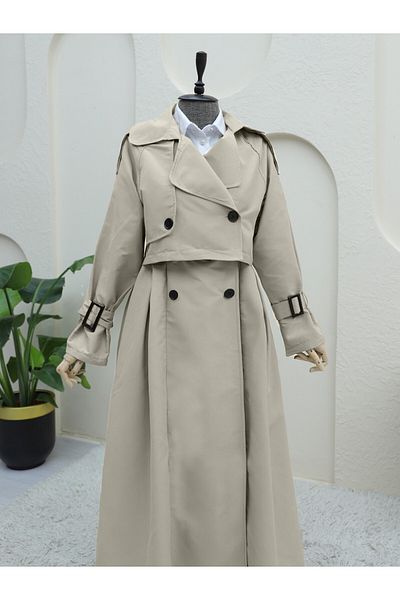 Modamorfo Stone Colored Pleated Skirt and Trench Coat with Belt