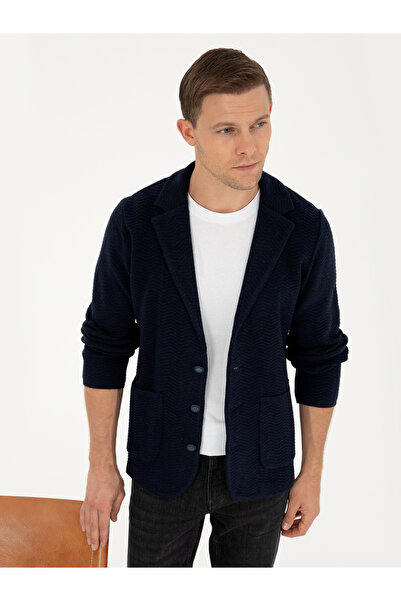 Cacharel Lacivert Slim Fit Düğmeli Ceket Yaka Triko Hırka 50296340-VR033