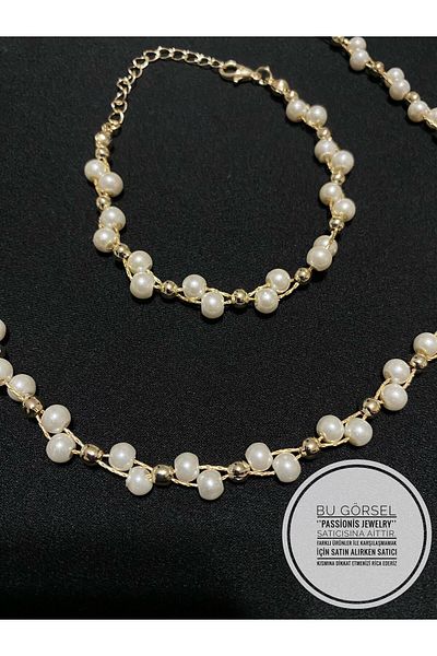 Passionis Jewelry Gold Detailed Pearl Necklace and Bracelet Set