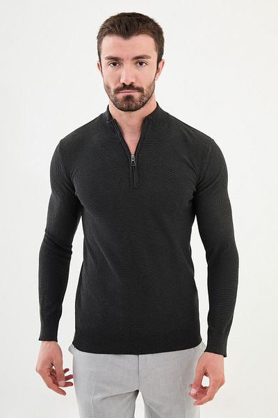 Mcr Textured Anthracite Slim Fit Zippered Half Turtleneck Men's Knitwear Sweater