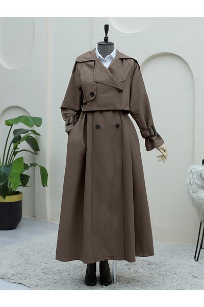 Modamorfo Belted Trench Coat with Pleated Skirt and Bolero - Brown