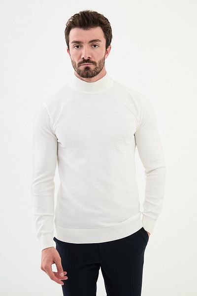 Mcr Textured Ecru Slim Fit Half Turtleneck Men's Knitwear Sweater