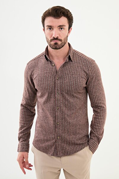 Mcr Смугаста вовняна сорочка Slim Fit для чоловіків, камелево-сіра - 27018.24K