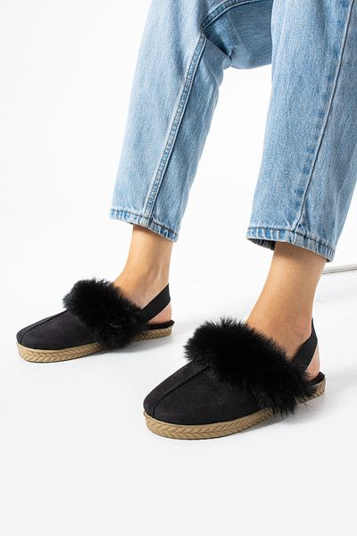 Moda Devrin Black Furry Elastic Slippers Home and Outdoor Slippers