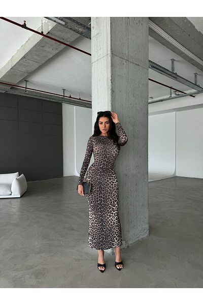ZF BUTİK Lange Ärmel, Midi-Größe, Leopardenkleid