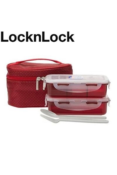 locknlock مجموعة من 3 حقائب غداء معزولة باللون الأحمر، حاويات محكمة الغلق وخالية من مادة BPA مع زجاجة مياه