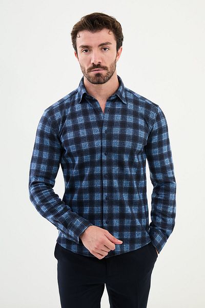 Mcr Checkered Slim Fit Wool Men's Shirt Blue - 27016.24K