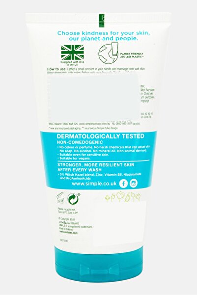 Simple Purifying Daily Skin Detox Gel Wash 150ml, White/Green