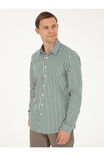 Cacharel Koyu Yeşil Slim Fit Pamuklu Çizgili Gömlek 50291360-VR079