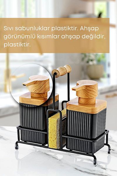 GRİMOR Life Mimosa Metal Stand Wooden Detailed Dish Detergent and Liquid Soap Dispenser Kitchen Set with Sponge Gift