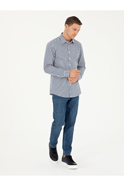 Cacharel Lacivert Slim Fit Pamuklu Çizgili Gömlek 50291360-VR033