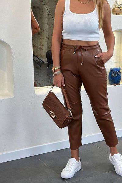 Ded COLLECTION Women's Lace-up Leather Jogger Pants