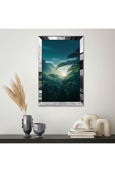 Zevahir Mobilya Dekorasyon Pictură unică din MDF cu cadru din plexiglas cu oglindă argintie, junglă tropicală, peisaj de apus de soare