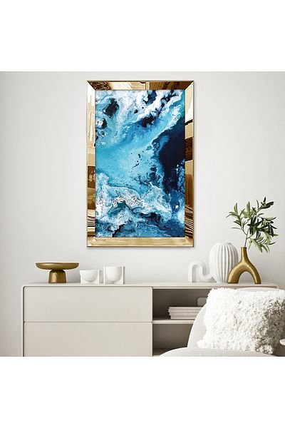 Zevahir Mobilya Dekorasyon Κυματιστό Ocean Blue White Pattern Landscape Μονό Τραπέζι MDF με χρυσό καθρέφτη από πλεξιγκλάς
